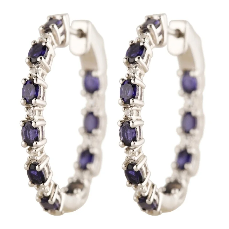 Sterling Silver 2.87ctw Iolite & White Zircon Hoop Earrings 1.25"L - Blue